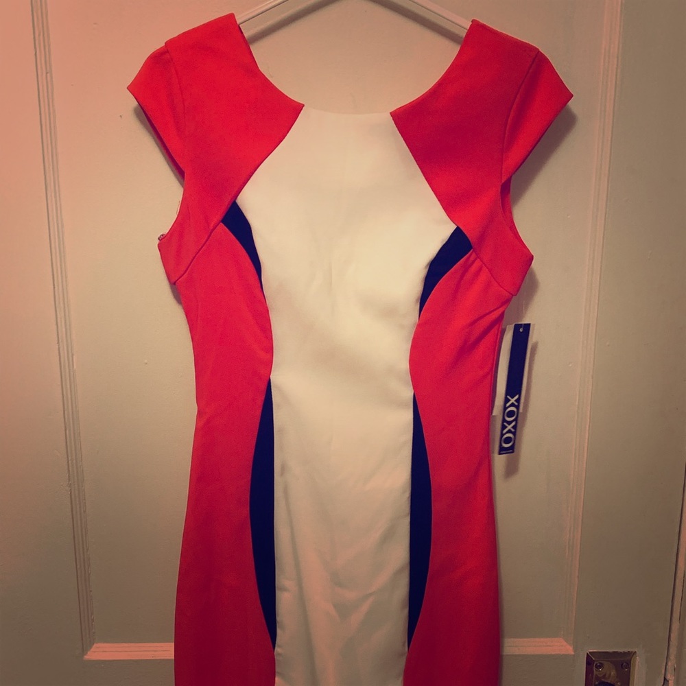 Orange, white, black dress